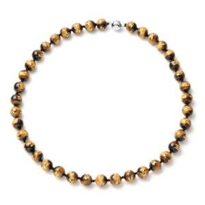 South African Yellow Tiger's Eye Beaded Necklace (18 Inches) in Rhodium Over Ste